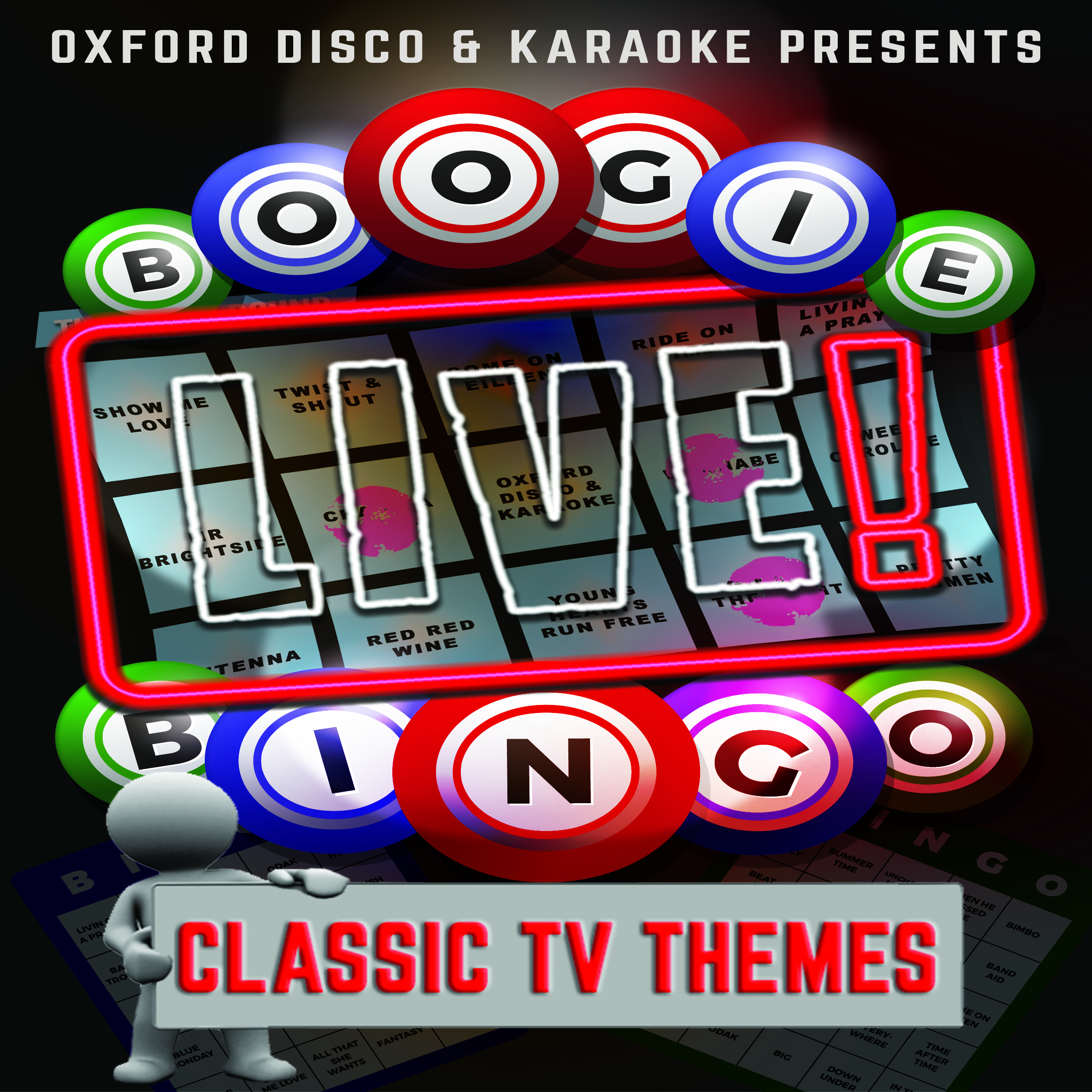 Oxford Discos Boogie Bingo Live in Oxfordshire - Classic TV Themes Game Cards