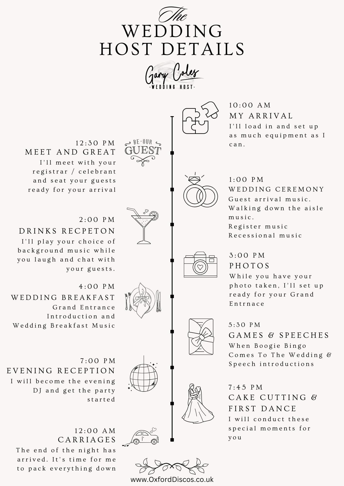 Wedding Host Time Line Example by Oxford Discos in Oxfordshire
